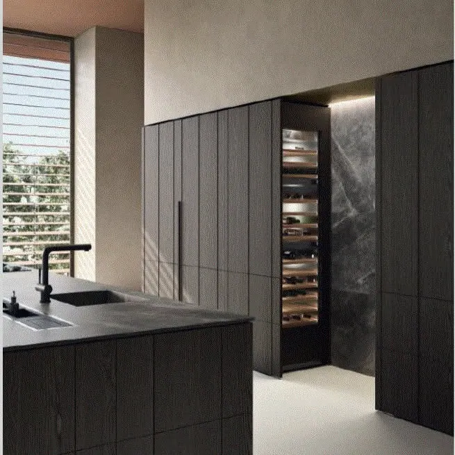 La stessa cucina: colonna con cantinetta illuminata