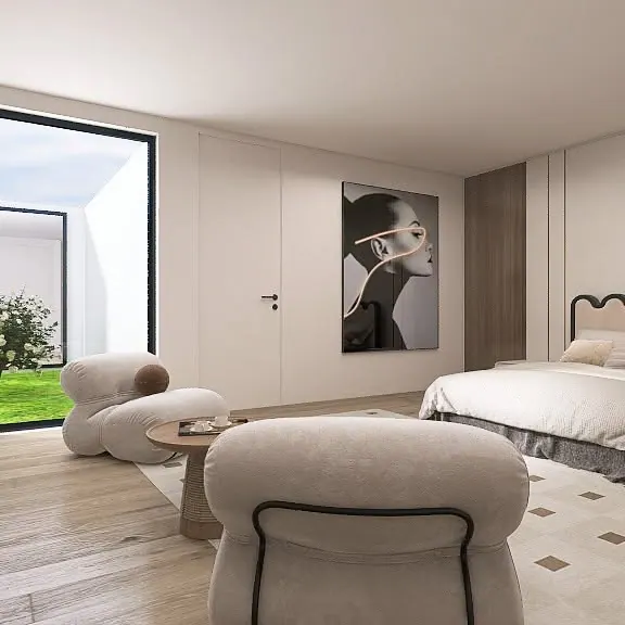 Camera beige con poltroncine bouclé e quadro a parete