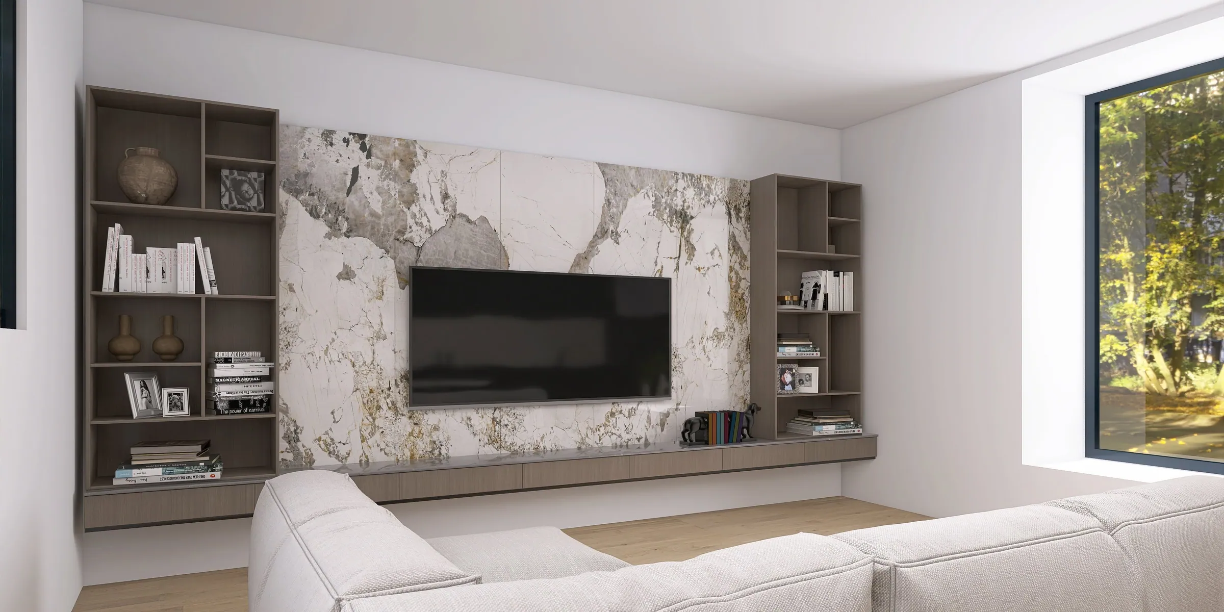 Render 3D di un soggiorno con parete in marmo e legno, librerie e divano chiaro