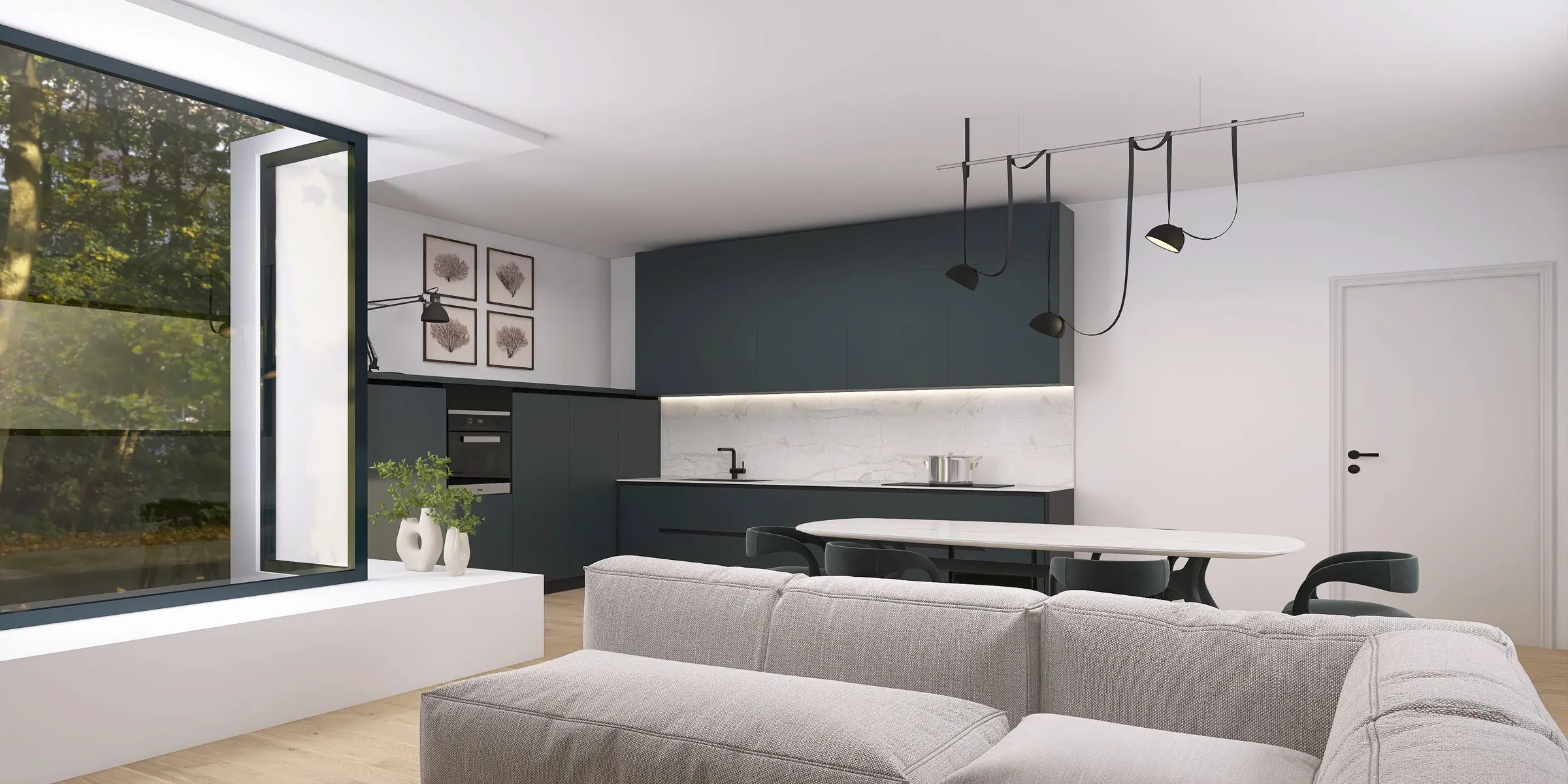 Render 3D di un soggiorno aperto sulla cucina blu notte, con la vetrata sul giardino