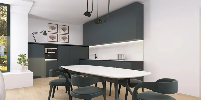 Render 3D di una cucina blu notte con tavolo ovale in marmo e sedie verde scuro