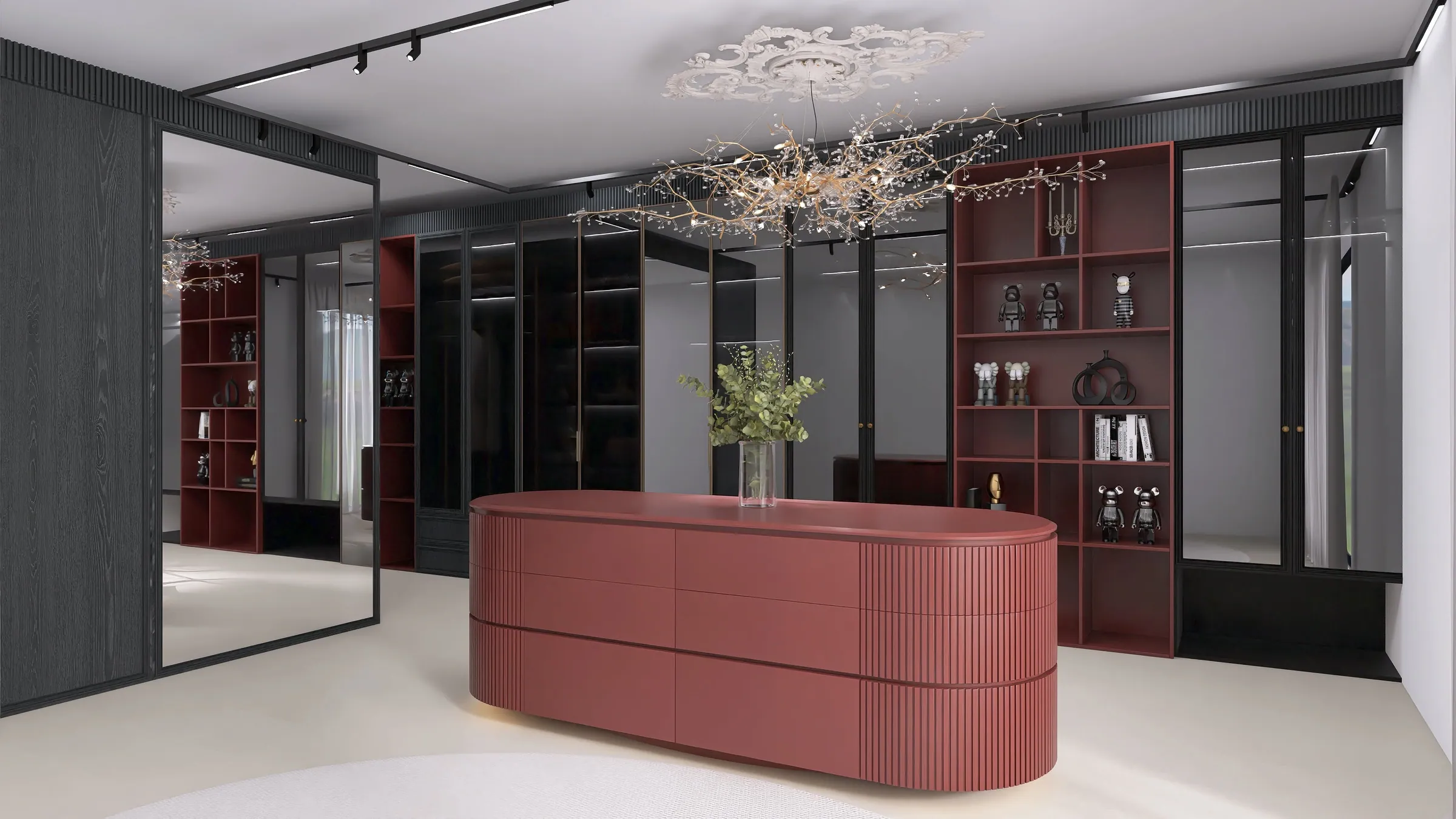 Render 3D di una cabina armadio con isola laccata rossa e lampadario a rami