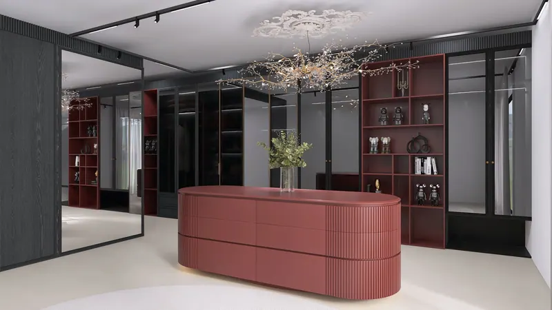 Render 3D di una cabina armadio con isola laccata rossa e lampadario a rami