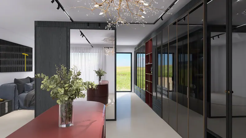 Render 3D di una cabina armadio con isola rossa in una vista lunga, fino alla camera