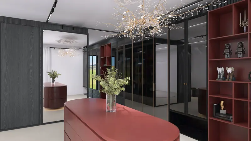 Render 3D di una cabina armadio con ante in vetro scuro e isola rossa, vista dall'angolo