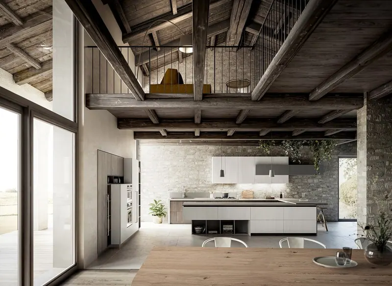 Render 3D di una cucina bianca in un casale con travi a vista e pareti in pietra