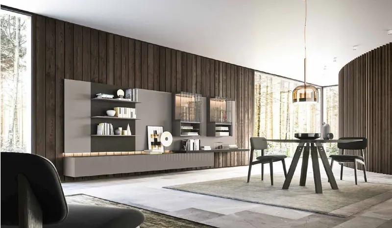 Render 3D di un soggiorno con parete attrezzata e boiserie in legno scuro