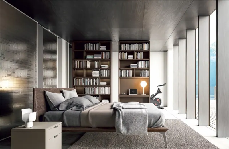 Camera da letto con libreria e boiserie scura