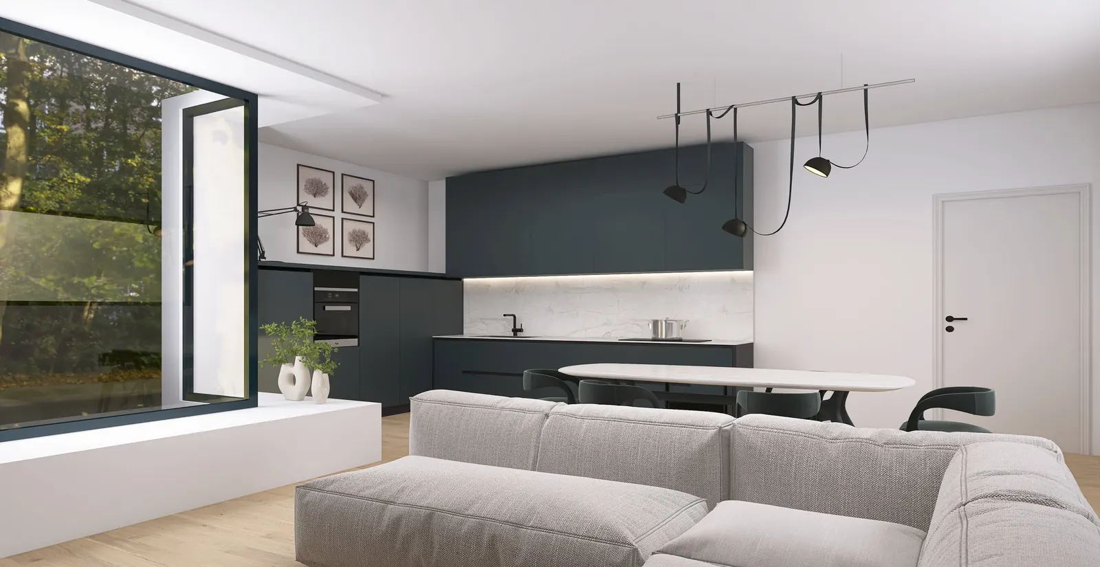 Render 3D di un soggiorno con divano bianco ad angolo e cucina blu sullo sfondo