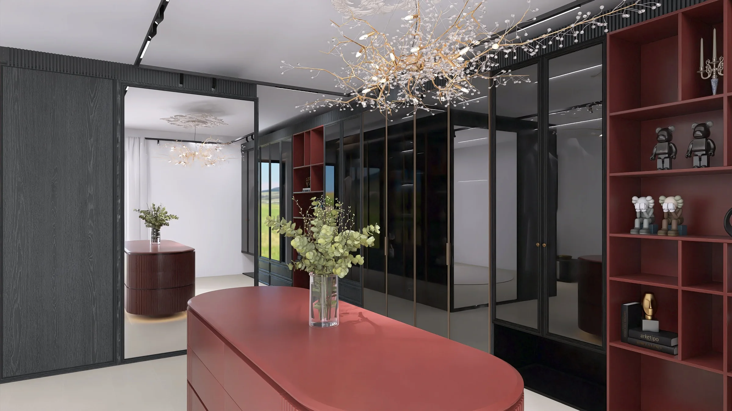 Render 3D di una cabina armadio con isola rossa, librerie rosse e lampadario a rami
